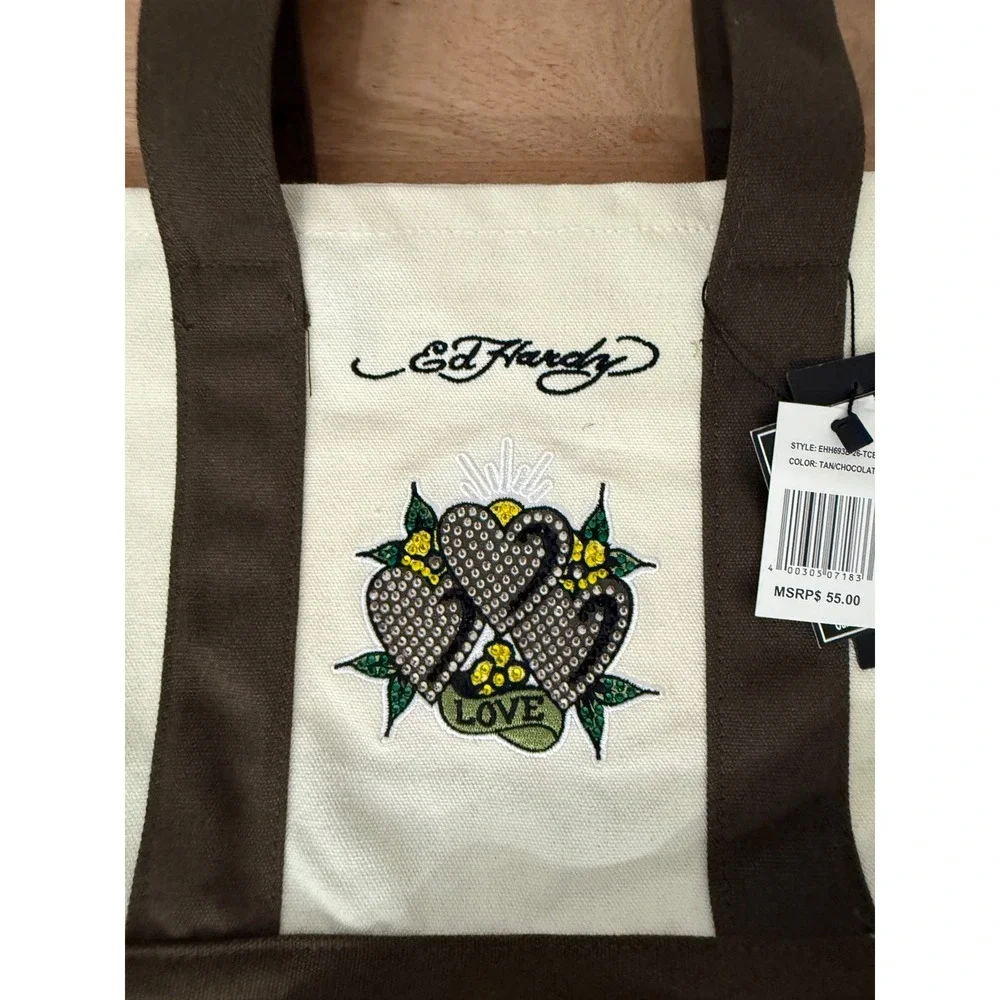 Ed Hardy Tan Chocolate Canvas Tote Bag Rhinestone Love Hearts NWT